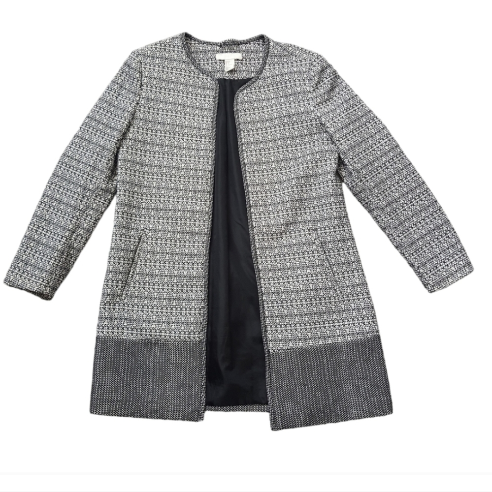 H&M Long Open Front Coat, Black, White, Mixed, Lightweight, Size 8